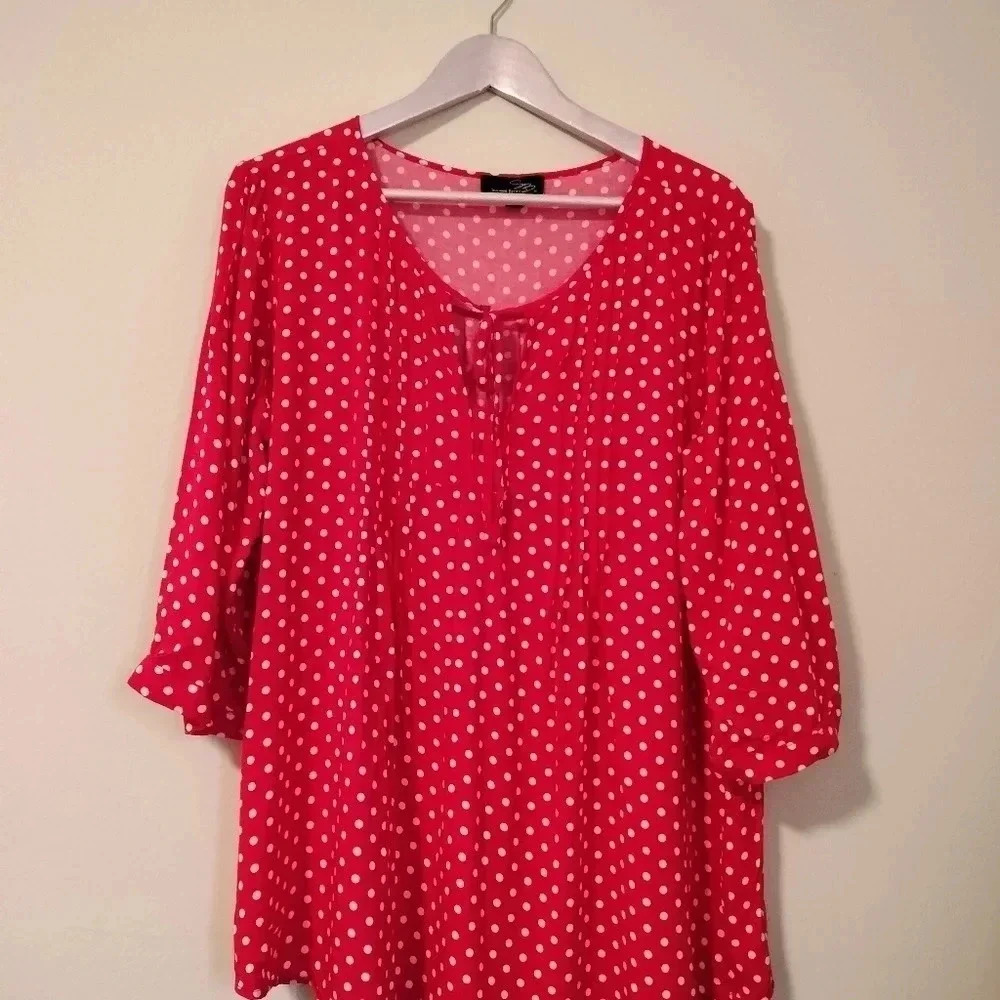 Suzanne Betro Red White Dots Short Adjustable Sleeves V Tie neckline Sz 1X - Picture 4 of 9
